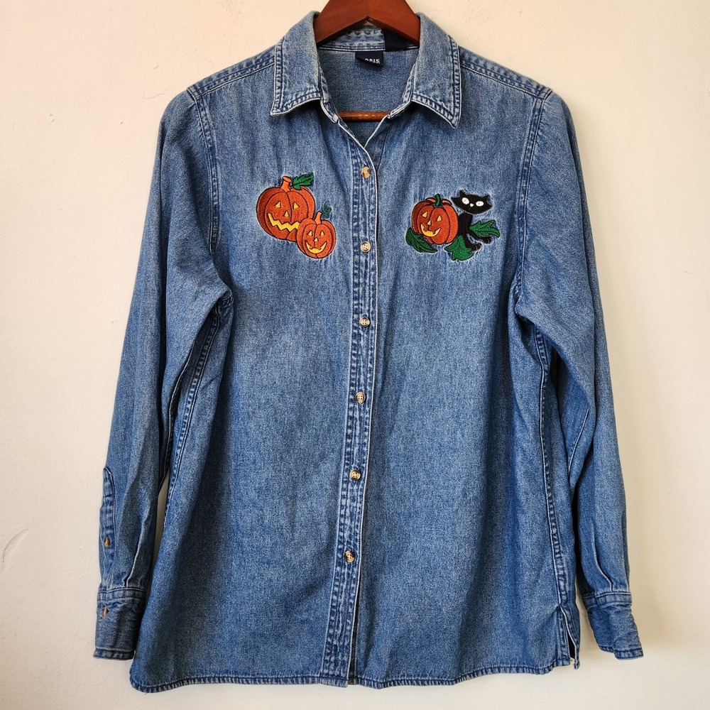 Vintage Halloween Denim Button Shirt Womens M Pumpkin Black Cat Embroidered Fall